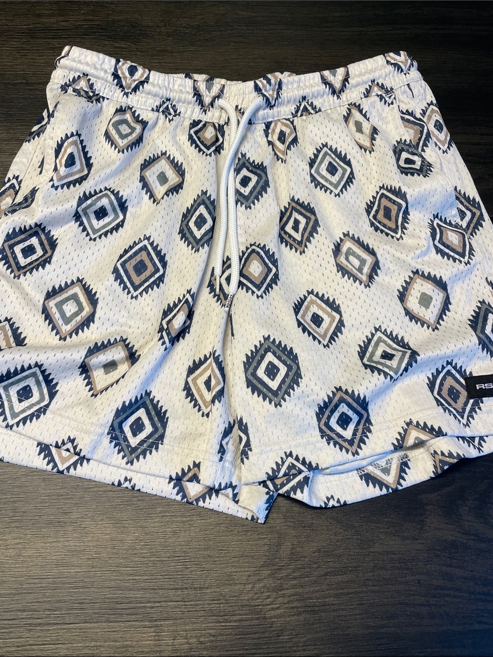 RSQ Geometric Print Athletic Shorts in White, Navy & Tan